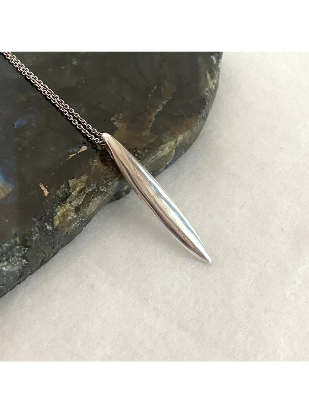 Sterling Silver 925 Solid Elongated Oval Pendant Necklace 18" Cable Chain - Picture 7 of 16